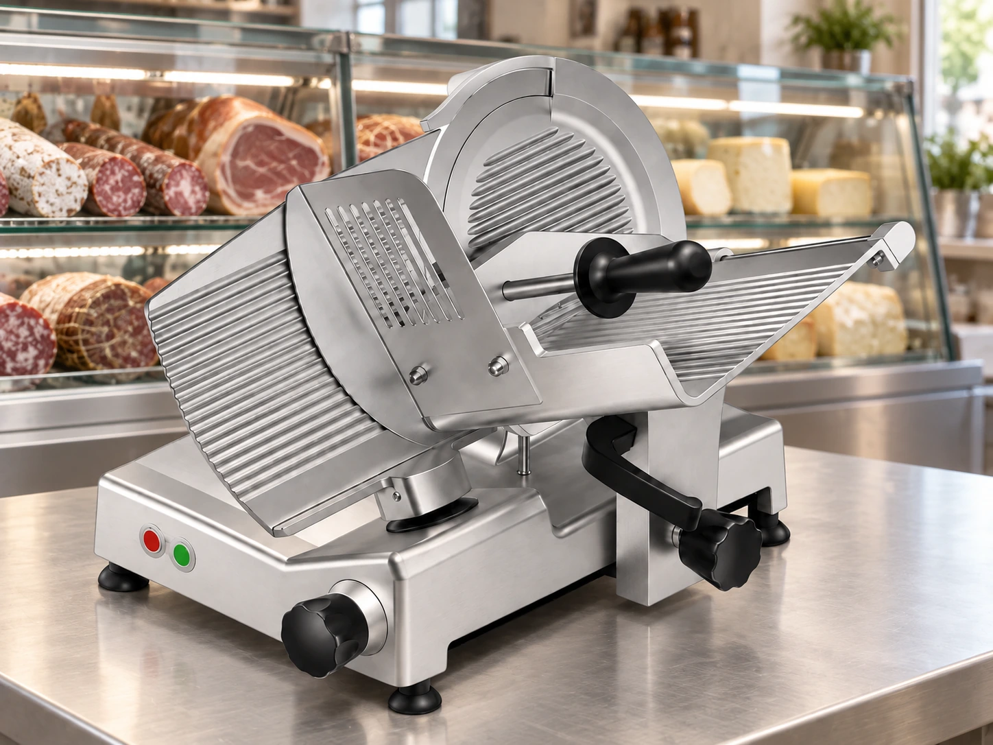 Silver manual food slicer on a deli counter with a refrigerated sausage and cheese display in the background